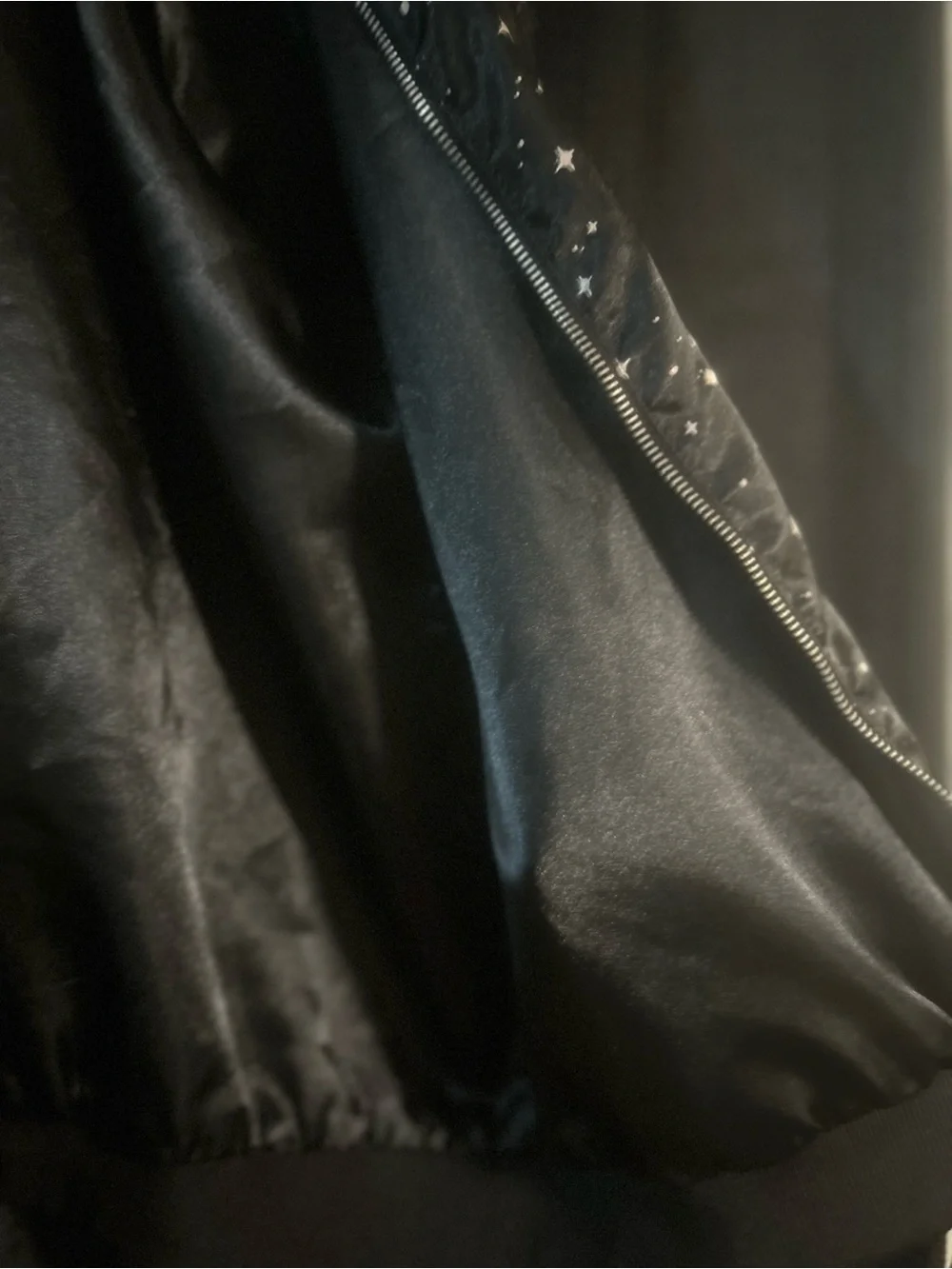 love, Fire Black with Silver Star-Print Reversible Satin Bomber Jacket